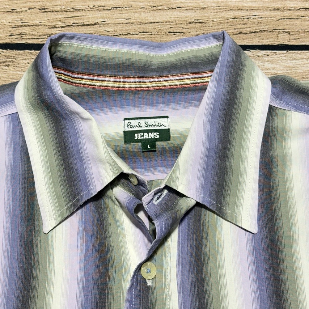 Paul Smith Shirt Mens L Green Blue Striped Casual PSJ Jeans Button Down Cotton